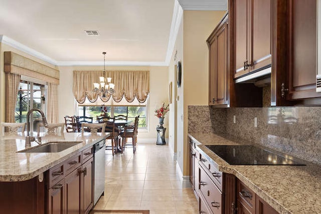 2646 Treanor Ter, Wellington, FL 33414 - kitchen featuring a sink, crown molding, decorative backsplash, dishwasher, and a chandelier