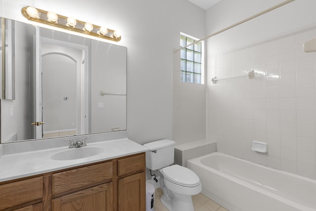 bathroom featuring shower / bathing tub combination, toilet, and vanity