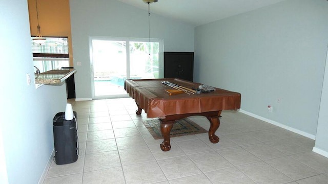game room with baseboards, light tile patterned flooring, billiards, and vaulted ceiling