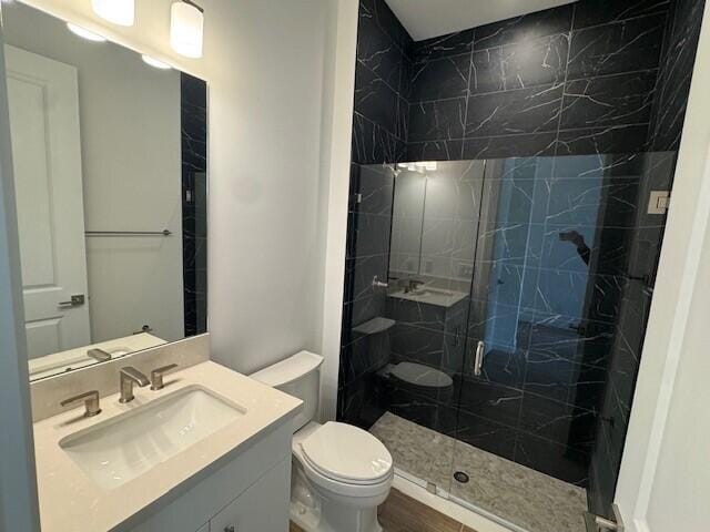 bathroom featuring vanity, toilet, and a shower stall