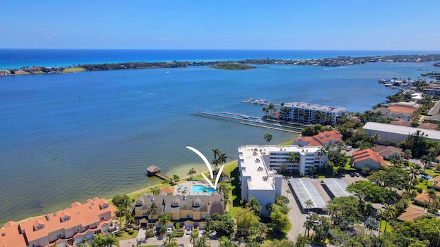 drone / aerial view featuring a water view