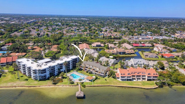 drone / aerial view with a water view