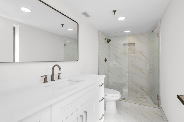 bathroom with visible vents, a marble finish shower, recessed lighting, toilet, and marble finish floor