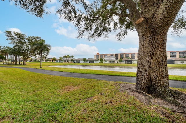 view of property's community with a residential view, a yard, and a water view