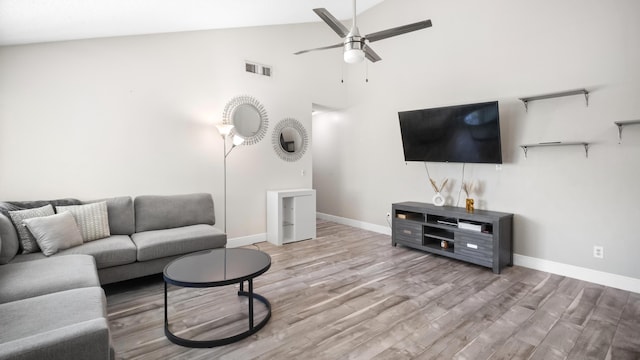 living room featuring visible vents, baseboards, a ceiling fan, and wood finished floors