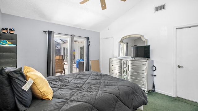 bedroom featuring visible vents, baseboards, carpet, a ceiling fan, and access to outside