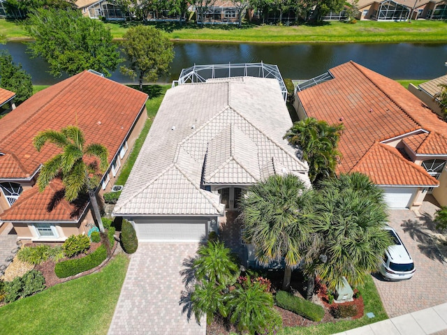 aerial view featuring a residential view and a water view
