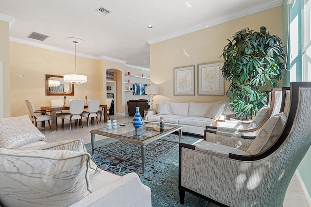 tiled living room with crown molding, visible vents, and a chandelier