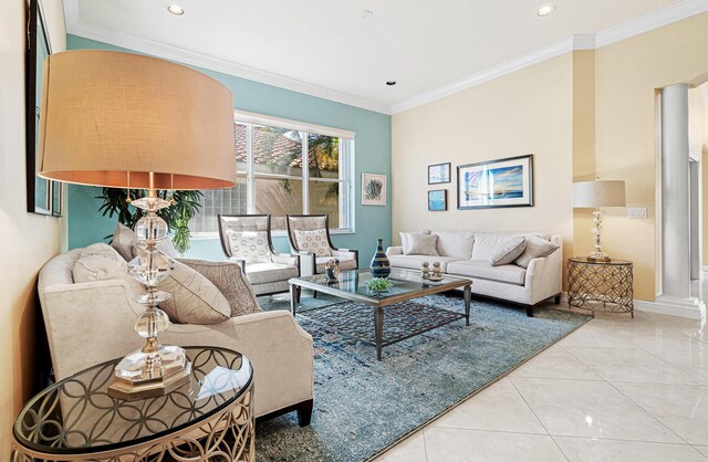 living room with light tile patterned floors, recessed lighting, baseboards, and ornamental molding