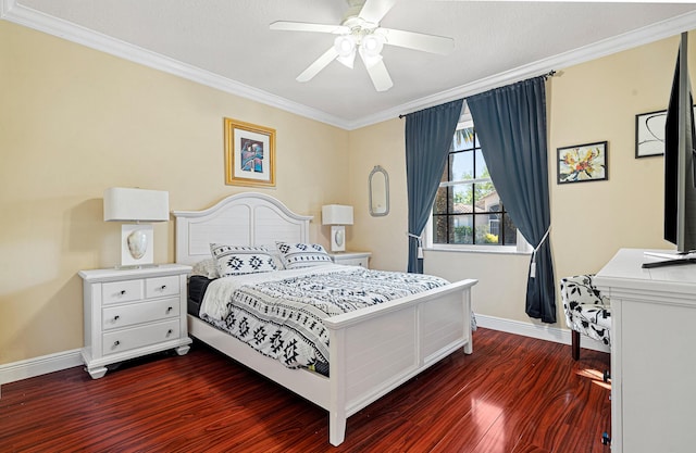 bedroom featuring dark wood-style floors, baseboards, and ornamental molding