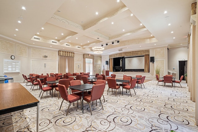 dining space featuring visible vents, ornamental molding, coffered ceiling, recessed lighting, and a decorative wall