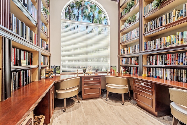 office featuring bookshelves, wood finished floors, and built in study area