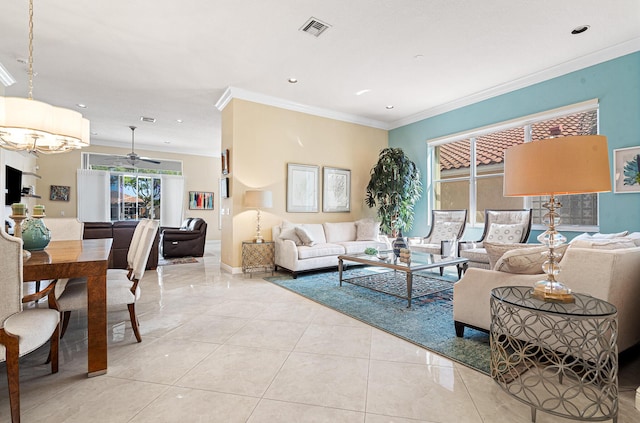 living area with visible vents, recessed lighting, crown molding, light tile patterned floors, and ceiling fan