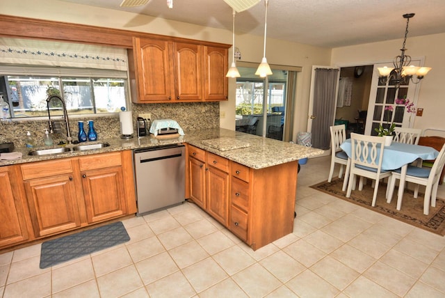 557 SE Seahouse Dr, Port Saint Lucie, FL 34983 - kitchen featuring a sink, tasteful backsplash, a peninsula, and dishwasher
