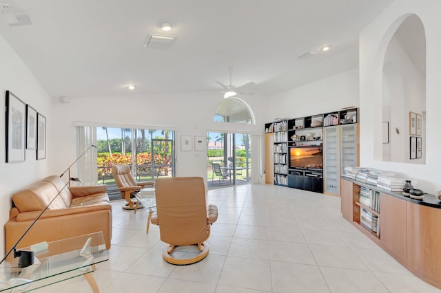 12792 Coral Lakes Dr, Boynton Beach, FL 33437 - living area featuring light tile patterned floors, ceiling fan, and recessed lighting