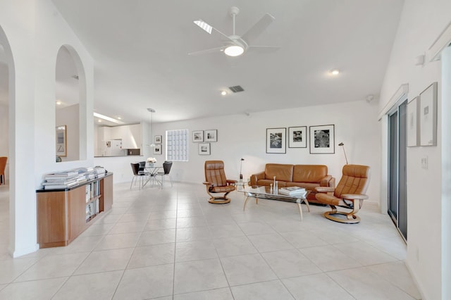 12792 Coral Lakes Dr, Boynton Beach, FL 33437 - living area with arched walkways, a ceiling fan, light tile patterned floors, and recessed lighting