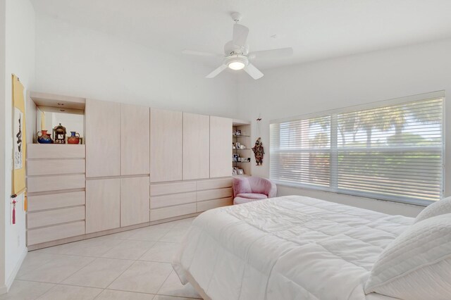 12792 Coral Lakes Dr, Boynton Beach, FL 33437 - bedroom with light tile patterned floors, high vaulted ceiling, ceiling fan, and baseboards