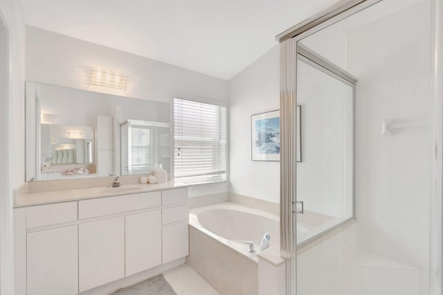 12792 Coral Lakes Dr, Boynton Beach, FL 33437 - bathroom with a shower stall, a garden tub, vanity, tile patterned floors, and connected bathroom