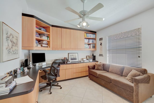 12792 Coral Lakes Dr, Boynton Beach, FL 33437 - office featuring vaulted ceiling, ceiling fan, built in study area, and light tile patterned flooring
