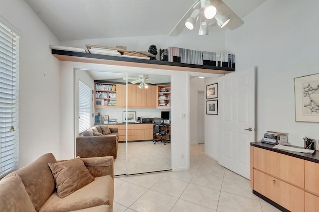 12792 Coral Lakes Dr, Boynton Beach, FL 33437 - office area featuring ceiling fan, light tile patterned flooring, and high vaulted ceiling