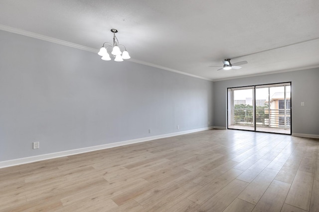 308 Golfview Rd Unit Ph02, North Palm Beach, FL 33408 - empty room with light wood-style flooring, ceiling fan with notable chandelier, baseboards, and crown molding