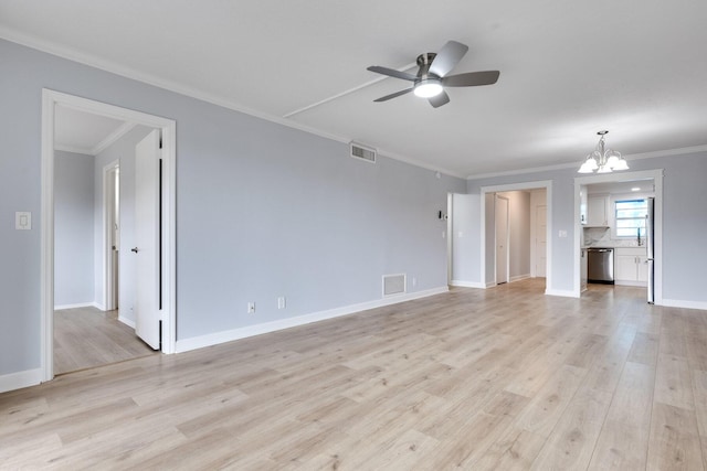 308 Golfview Rd Unit Ph02, North Palm Beach, FL 33408 - unfurnished living room featuring light wood finished floors, ceiling fan with notable chandelier, visible vents, and ornamental molding