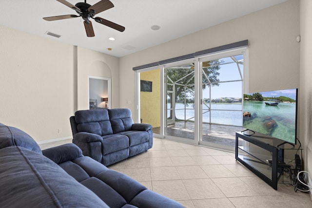 154 Berenger Walk, Royal Palm Beach, FL 33414 - living area featuring a ceiling fan, light tile patterned floors, recessed lighting, and baseboards