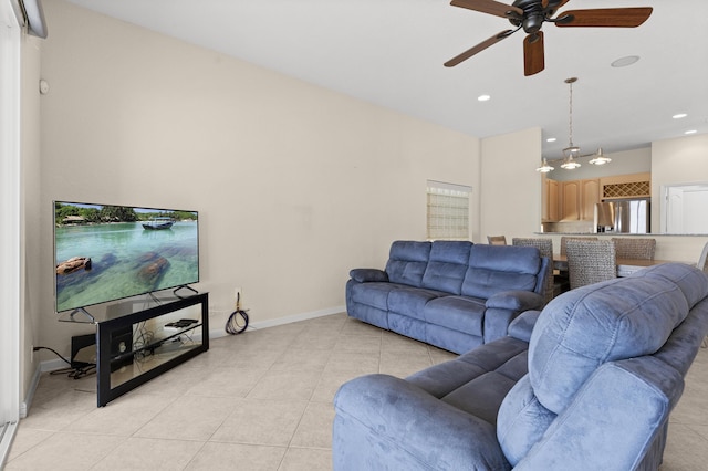 154 Berenger Walk, Royal Palm Beach, FL 33414 - living room featuring a ceiling fan, baseboards, light tile patterned floors, and recessed lighting