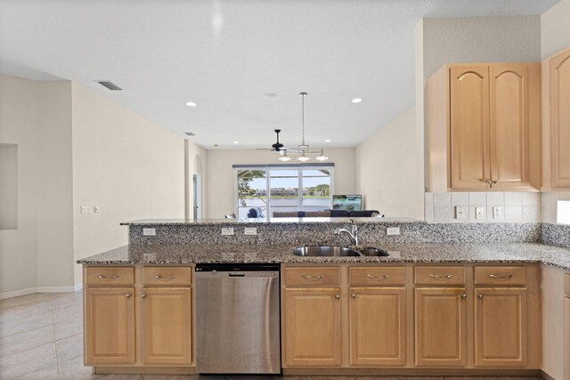 154 Berenger Walk, Royal Palm Beach, FL 33414 - kitchen with stainless steel dishwasher, a ceiling fan, light stone counters, and recessed lighting
