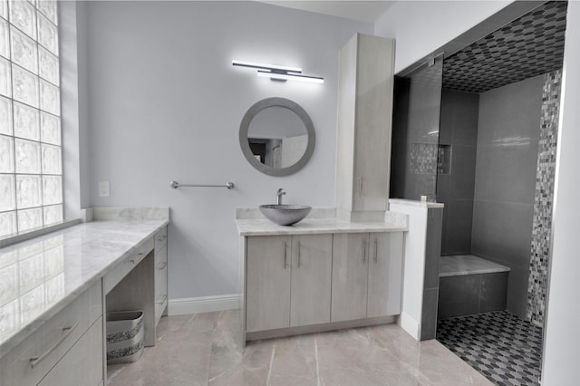 13594 Morocca Lake Ln, Delray Beach, FL 33446 - full bath with walk in shower, vanity, baseboards, and marble finish floors