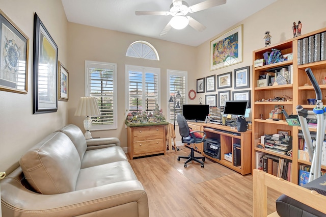 office area featuring ceiling fan and light wood-style floors