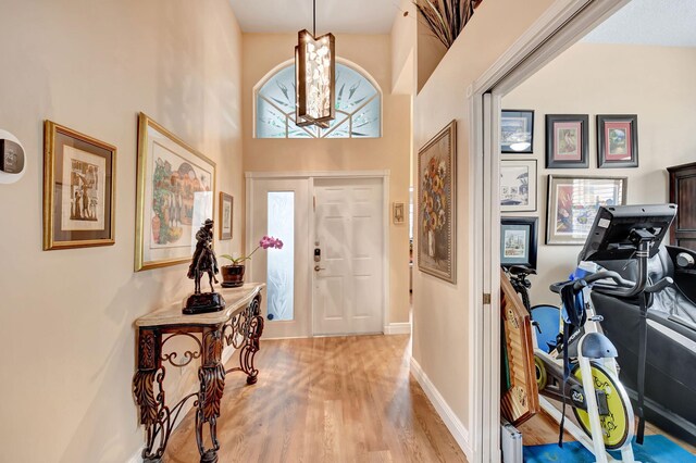 foyer with baseboards and light wood finished floors