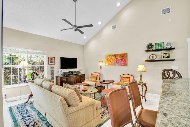 6106 Vista Linda Ln, Boca Raton, FL 33433 - living area featuring tile patterned floors, ceiling fan, baseboards, and visible vents