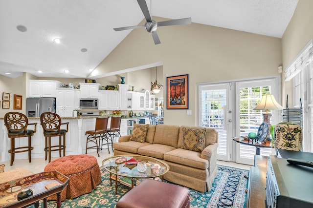 6106 Vista Linda Ln, Boca Raton, FL 33433 - living area featuring high vaulted ceiling, recessed lighting, and a ceiling fan