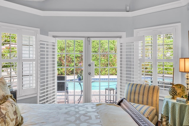 6106 Vista Linda Ln, Boca Raton, FL 33433 - bedroom featuring crown molding, french doors, and access to exterior