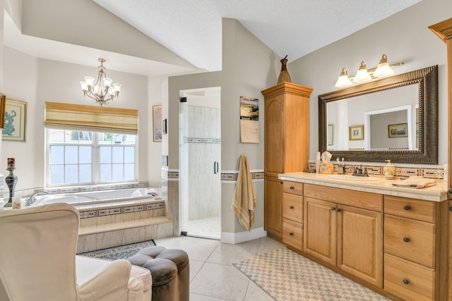 6106 Vista Linda Ln, Boca Raton, FL 33433 - bathroom featuring a shower stall, a notable chandelier, a garden tub, and lofted ceiling