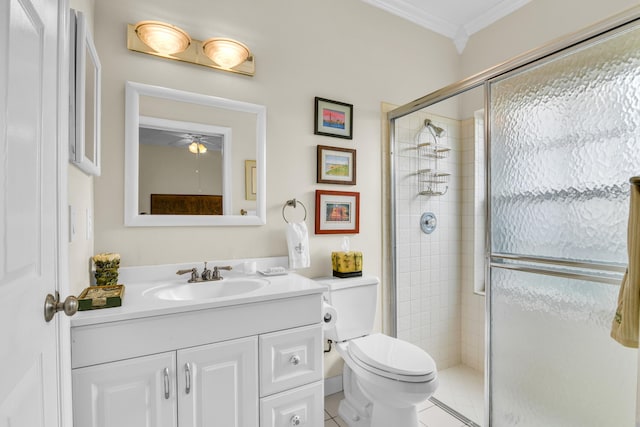 6106 Vista Linda Ln, Boca Raton, FL 33433 - full bath with vanity, ornamental molding, toilet, a shower stall, and ceiling fan