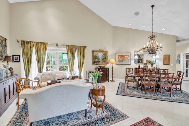 6106 Vista Linda Ln, Boca Raton, FL 33433 - living area featuring light tile patterned floors, baseboards, a chandelier, recessed lighting, and high vaulted ceiling