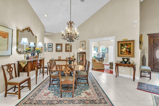 6106 Vista Linda Ln, Boca Raton, FL 33433 - dining room with high vaulted ceiling, baseboards, an inviting chandelier, and light tile patterned floors