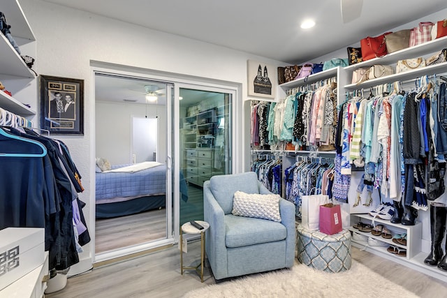walk in closet featuring a ceiling fan and wood finished floors