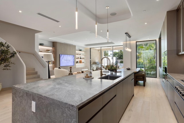 1246 George Bush, Delray Beach, FL 33483 - kitchen featuring light wood-type flooring, a sink, a raised ceiling, and a spacious island