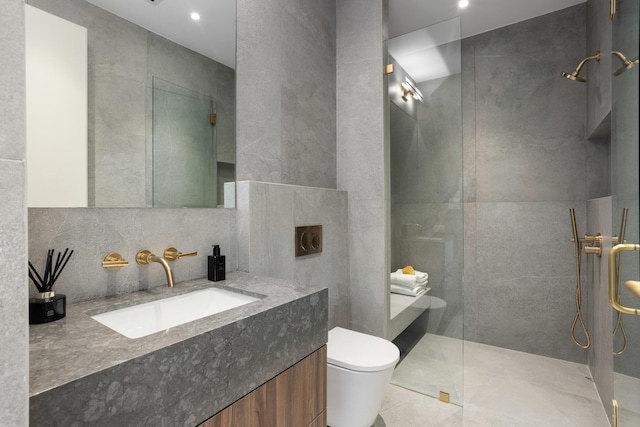 1246 George Bush, Delray Beach, FL 33483 - full bath featuring vanity, toilet, tile walls, walk in shower, and tile patterned floors