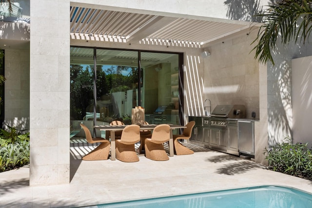 1246 George Bush, Delray Beach, FL 33483 - exterior space with an outdoor kitchen, a pergola, outdoor dining space, and a patio