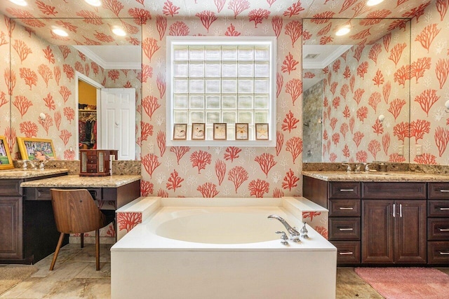 full bath with wallpapered walls, crown molding, a garden tub, and vanity