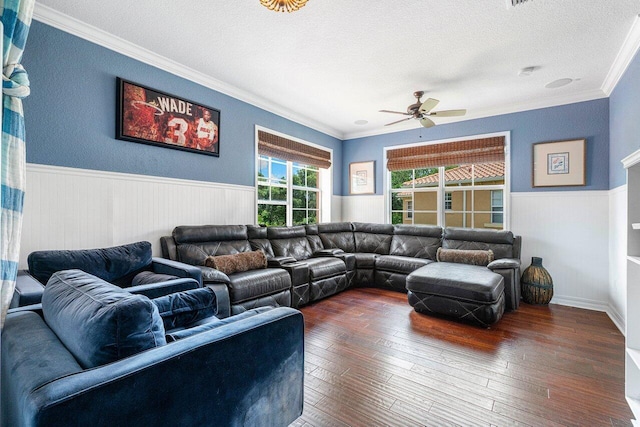 living room featuring a wainscoted wall, ceiling fan, a textured ceiling, dark wood-style flooring, and crown molding