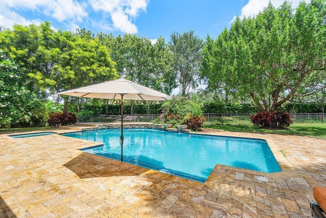 view of pool with a patio, a fenced backyard, and view of scattered trees
