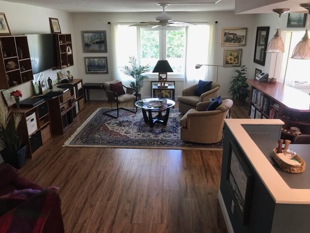 living area featuring ceiling fan and wood finished floors
