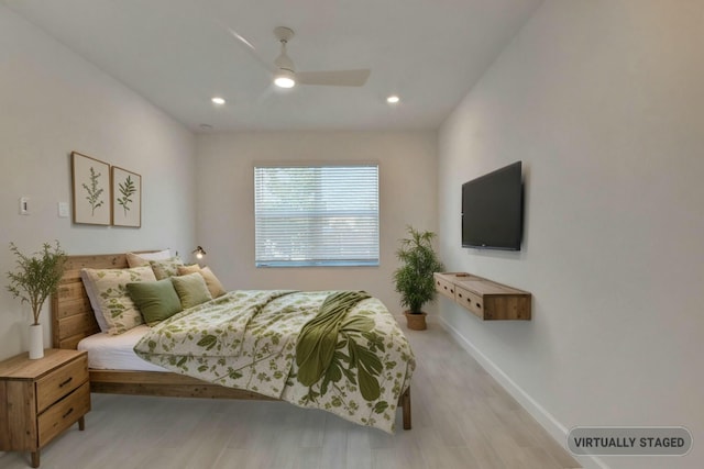 6975 Peters Ln, Delray Beach, FL 33446 - bedroom featuring recessed lighting, baseboards, light wood-style floors, and ceiling fan