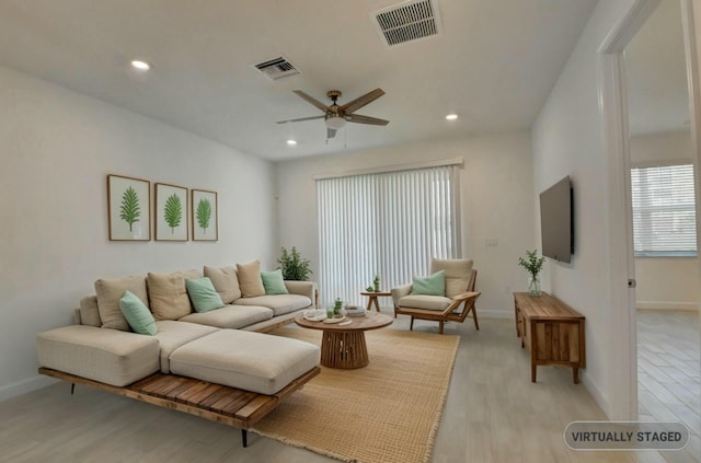 6975 Peters Ln, Delray Beach, FL 33446 - living area featuring visible vents, recessed lighting, light wood-type flooring, and ceiling fan