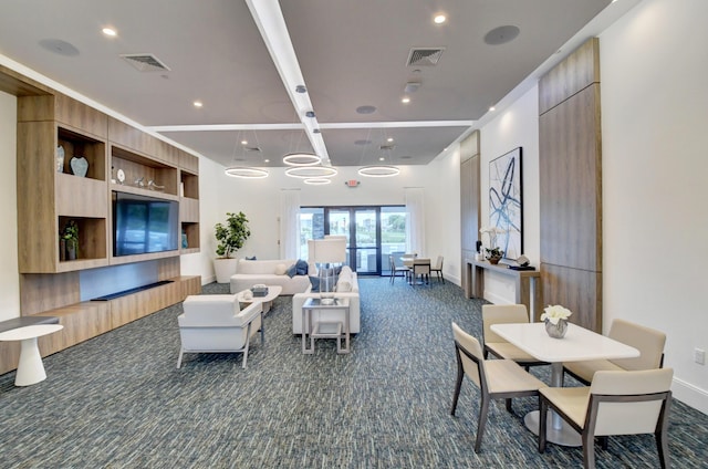6975 Peters Ln, Delray Beach, FL 33446 - living room with recessed lighting, visible vents, dark colored carpet, and baseboards
